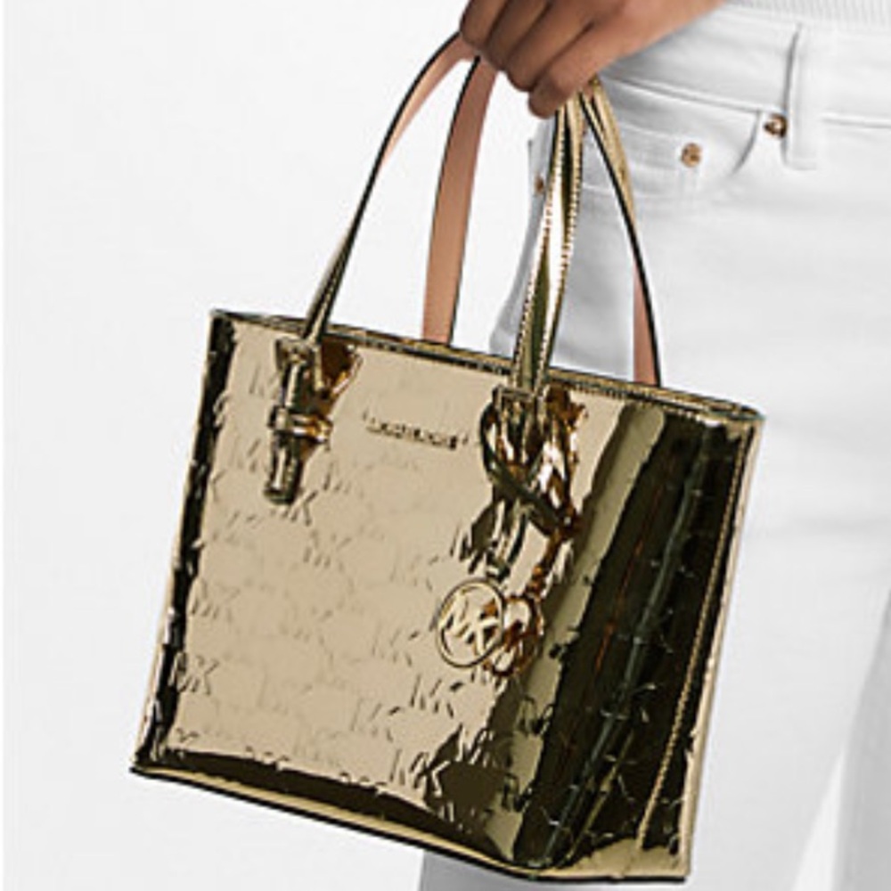 MICHAEL KORS Jet Set Extra-Small Metallic Logo Debossed Convertible TZ Tote Cros
